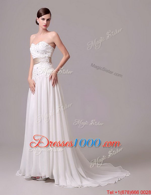 Eye-catching White Sleeveless Chiffon Brush Train Lace Up Bridal Gown for Wedding Party