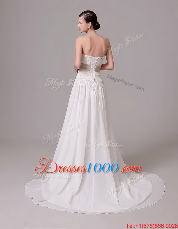 Eye-catching White Sleeveless Chiffon Brush Train Lace Up Bridal Gown for Wedding Party