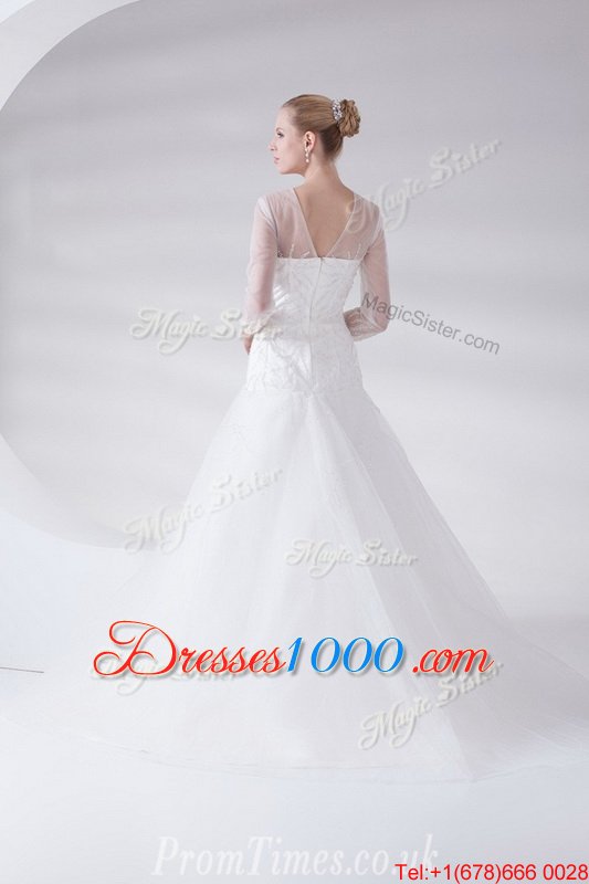 Delicate Tulle Scoop 3|4 Length Sleeve Brush Train Zipper Appliques Wedding Gowns in White