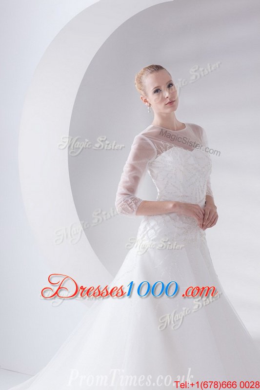 Delicate Tulle Scoop 3|4 Length Sleeve Brush Train Zipper Appliques Wedding Gowns in White