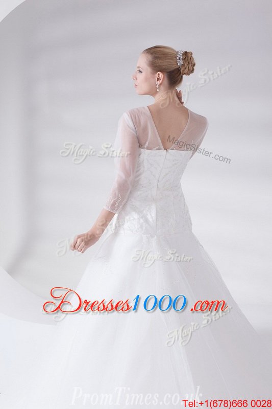 Delicate Tulle Scoop 3|4 Length Sleeve Brush Train Zipper Appliques Wedding Gowns in White