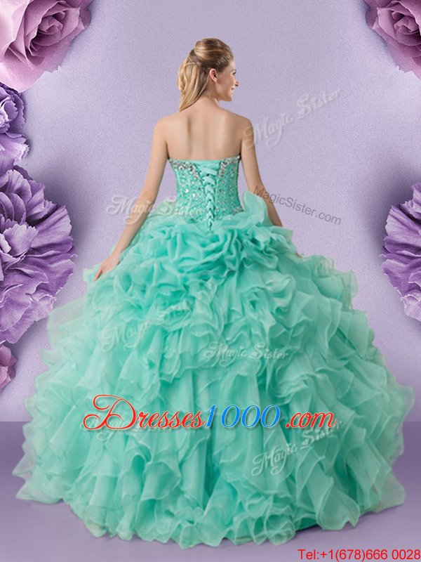Custom Made Apple Green Organza Lace Up 15 Quinceanera Dress Sleeveless Floor Length Beading and Ruffles and Pick Ups