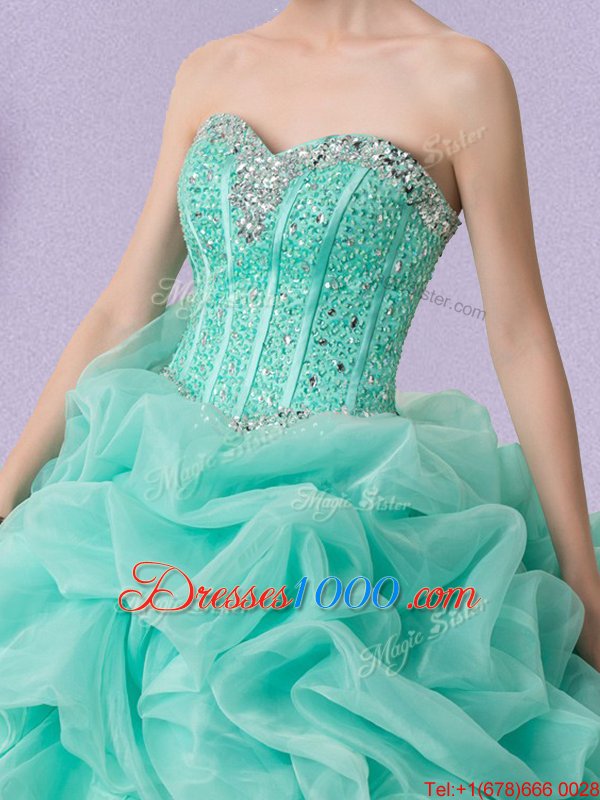 Custom Made Apple Green Organza Lace Up 15 Quinceanera Dress Sleeveless Floor Length Beading and Ruffles and Pick Ups