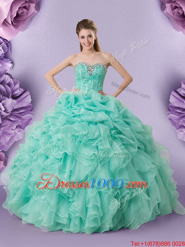 Custom Made Apple Green Organza Lace Up 15 Quinceanera Dress Sleeveless Floor Length Beading and Ruffles and Pick Ups
