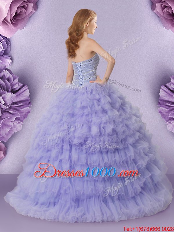 Tulle Sleeveless Floor Length 15th Birthday Dress and Beading and Ruffled Layers