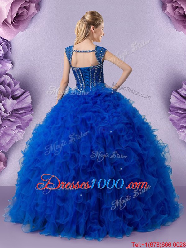 Ball Gowns Quinceanera Gown Royal Blue Straps Tulle Cap Sleeves Floor Length Lace Up