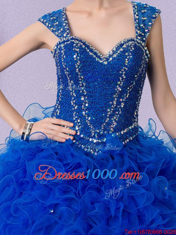 Ball Gowns Quinceanera Gown Royal Blue Straps Tulle Cap Sleeves Floor Length Lace Up