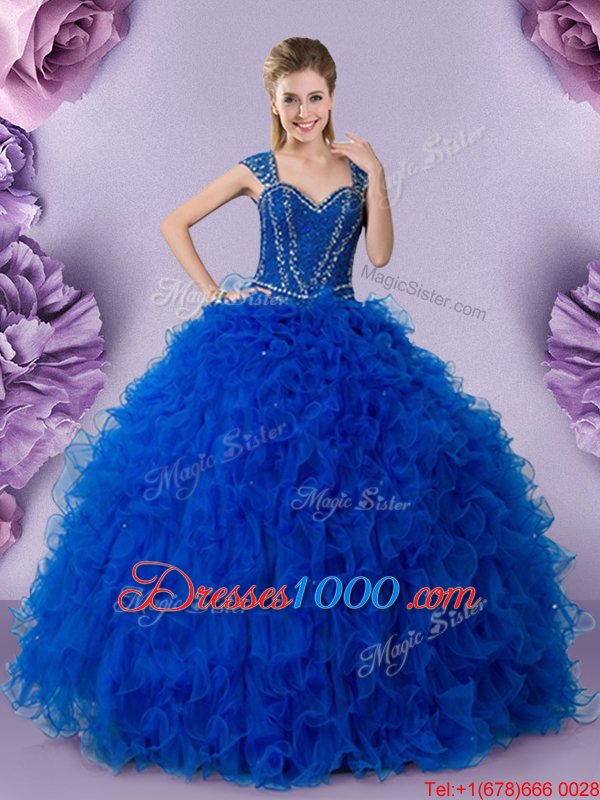 Ball Gowns Quinceanera Gown Royal Blue Straps Tulle Cap Sleeves Floor Length Lace Up