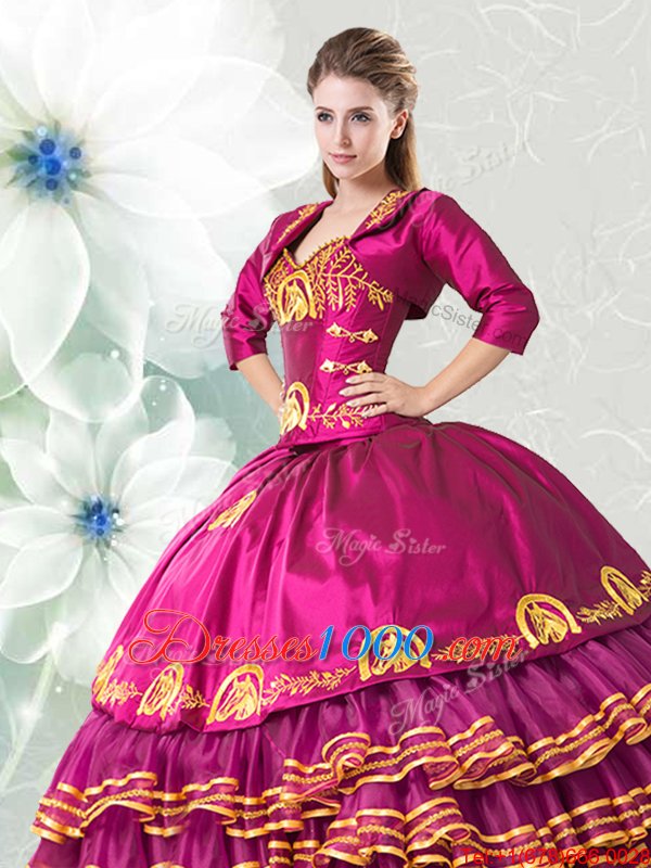 Suitable Fuchsia Lace Up Sweetheart Embroidery and Ruffled Layers Sweet 16 Quinceanera Dress Organza and Taffeta Sleeveless