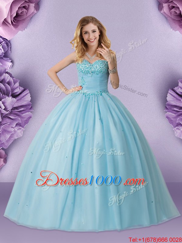 Colorful Tulle Sweetheart Sleeveless Lace Up Beading Quinceanera Gowns in Light Blue