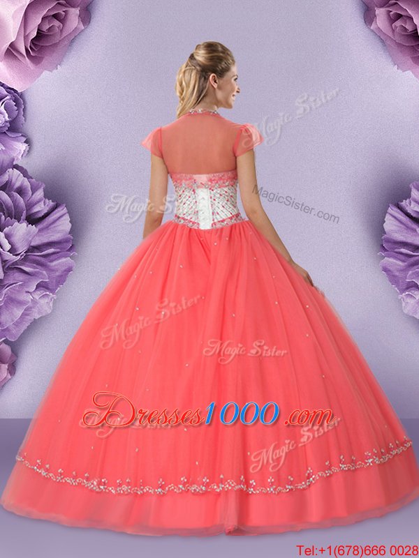 Hot Sale Floor Length Ball Gowns Sleeveless Watermelon Red Quinceanera Gowns Lace Up
