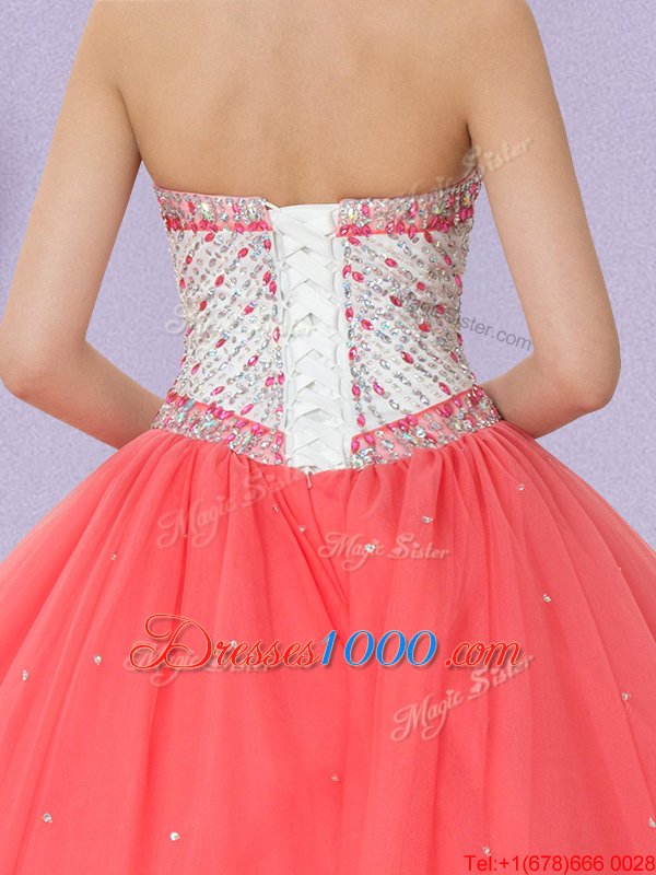 Hot Sale Floor Length Ball Gowns Sleeveless Watermelon Red Quinceanera Gowns Lace Up
