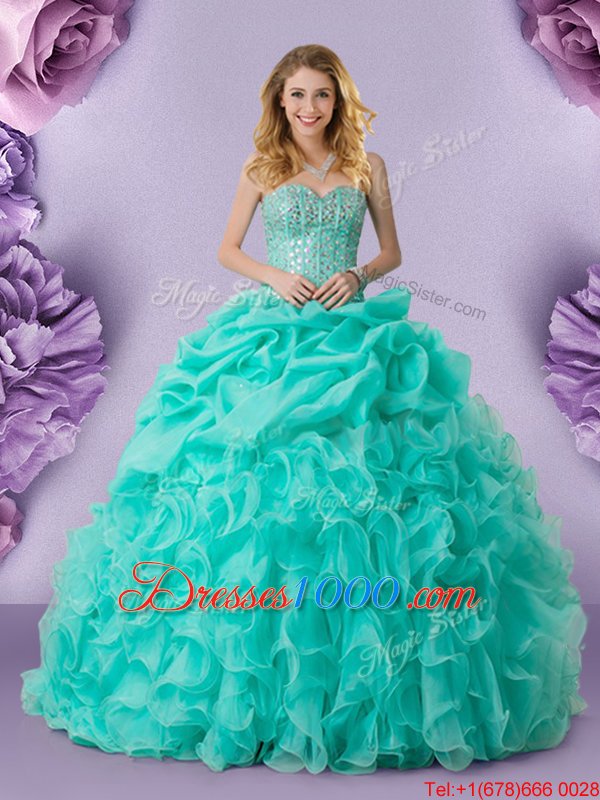 Hot Sale Turquoise Ball Gowns Organza Sweetheart Sleeveless Beading and Ruffles and Pick Ups Floor Length Lace Up Vestidos de Quinceanera