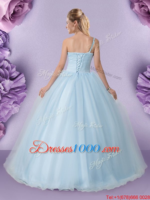 Chic One Shoulder Light Blue Ball Gowns Appliques Quince Ball Gowns Lace Up Tulle Sleeveless Floor Length