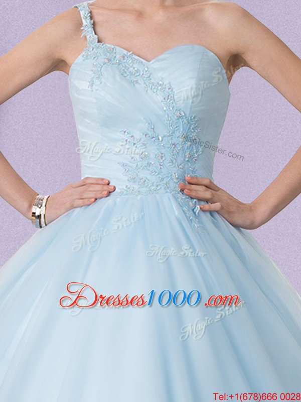 Chic One Shoulder Light Blue Ball Gowns Appliques Quince Ball Gowns Lace Up Tulle Sleeveless Floor Length