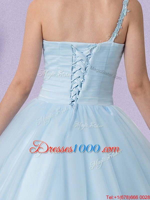 Chic One Shoulder Light Blue Ball Gowns Appliques Quince Ball Gowns Lace Up Tulle Sleeveless Floor Length