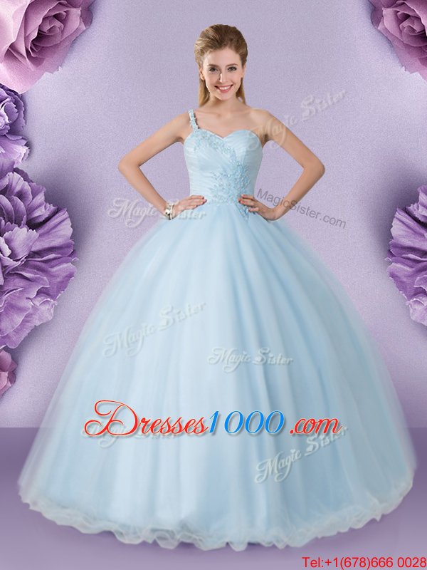 Chic One Shoulder Light Blue Ball Gowns Appliques Quince Ball Gowns Lace Up Tulle Sleeveless Floor Length