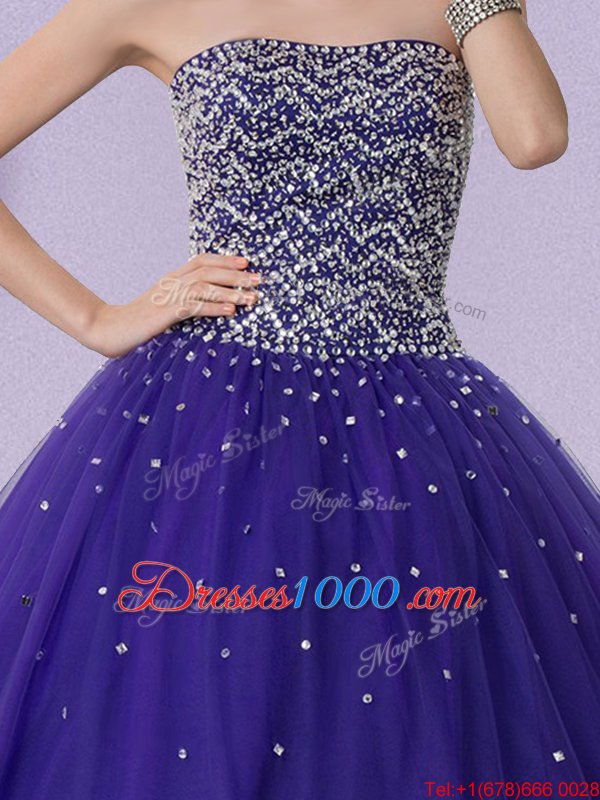 Great Purple Strapless Neckline Beading Quinceanera Gowns Sleeveless Lace Up