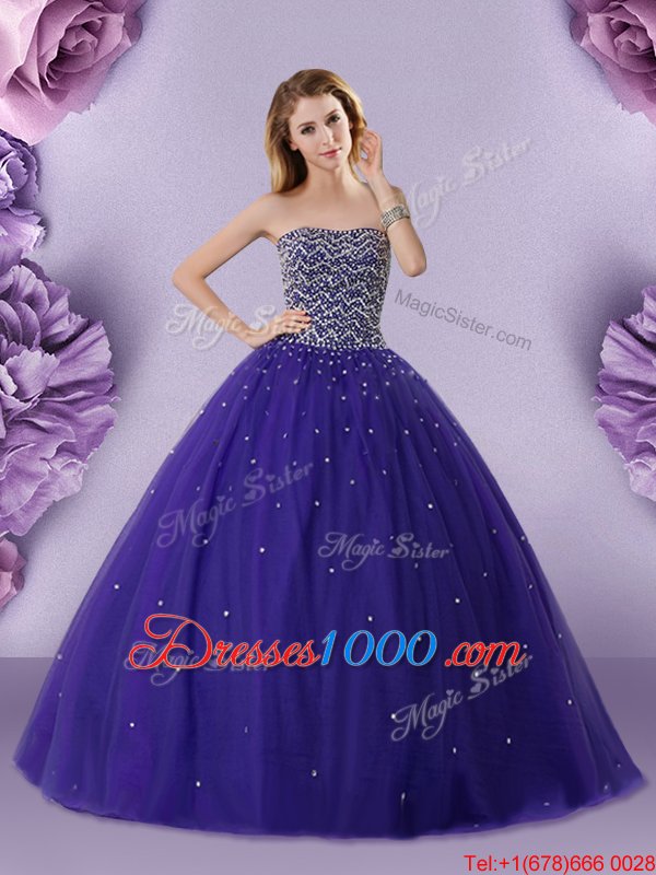 Great Purple Strapless Neckline Beading Quinceanera Gowns Sleeveless Lace Up