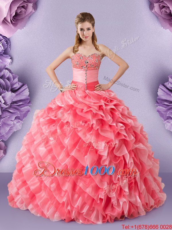 Chic Watermelon Red Organza Lace Up 15 Quinceanera Dress Sleeveless Floor Length Lace