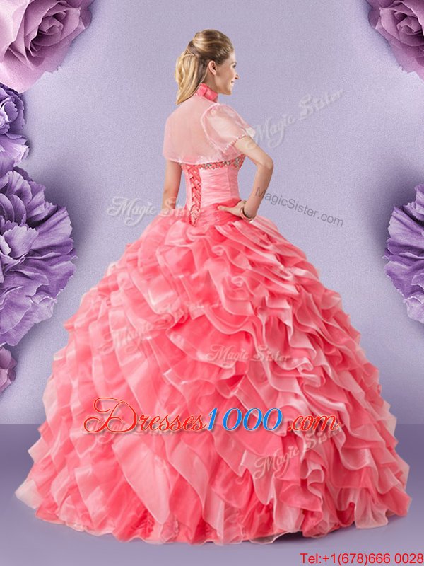 Chic Watermelon Red Organza Lace Up 15 Quinceanera Dress Sleeveless Floor Length Lace