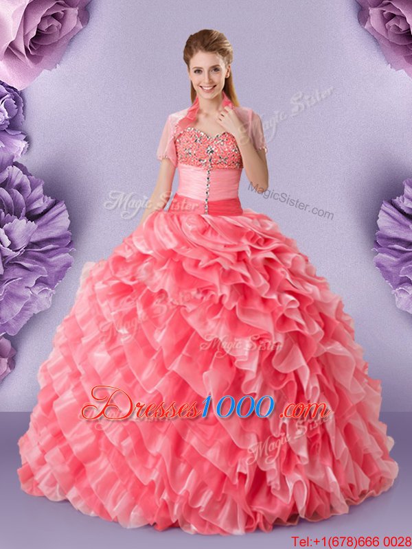 Chic Watermelon Red Organza Lace Up 15 Quinceanera Dress Sleeveless Floor Length Lace