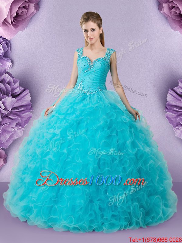 Attractive Floor Length Lace Up 15 Quinceanera Dress Orange Red and In for Military Ball and Sweet 16 and Quinceanera with Beading and Ruffles
