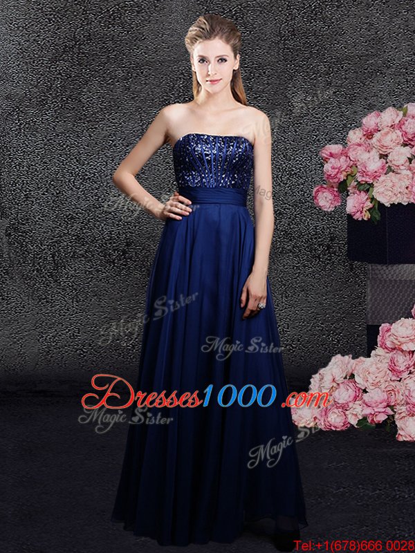 Sleeveless Floor Length Sequins Zipper Evening Dress with Navy Blue