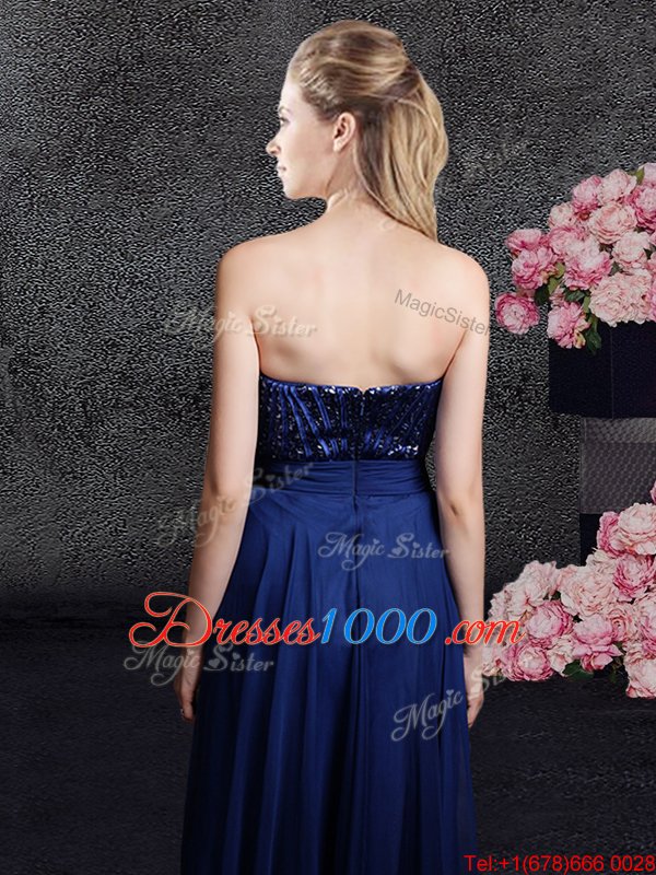 Sleeveless Floor Length Sequins Zipper Evening Dress with Navy Blue