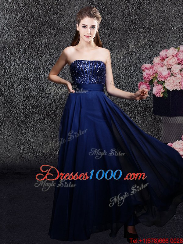 Sleeveless Floor Length Sequins Zipper Evening Dress with Navy Blue