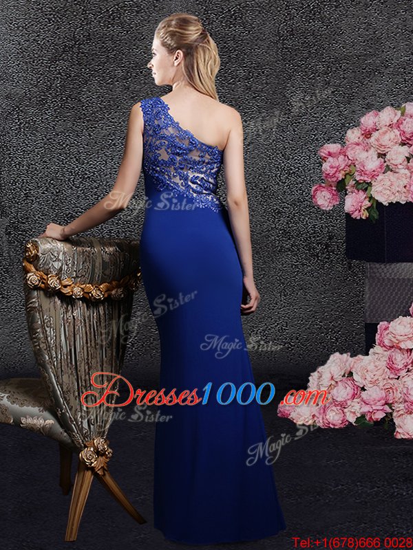 Trendy Royal Blue Column/Sheath Elastic Woven Satin One Shoulder Sleeveless Lace and Appliques Floor Length Side Zipper Hoco Dress
