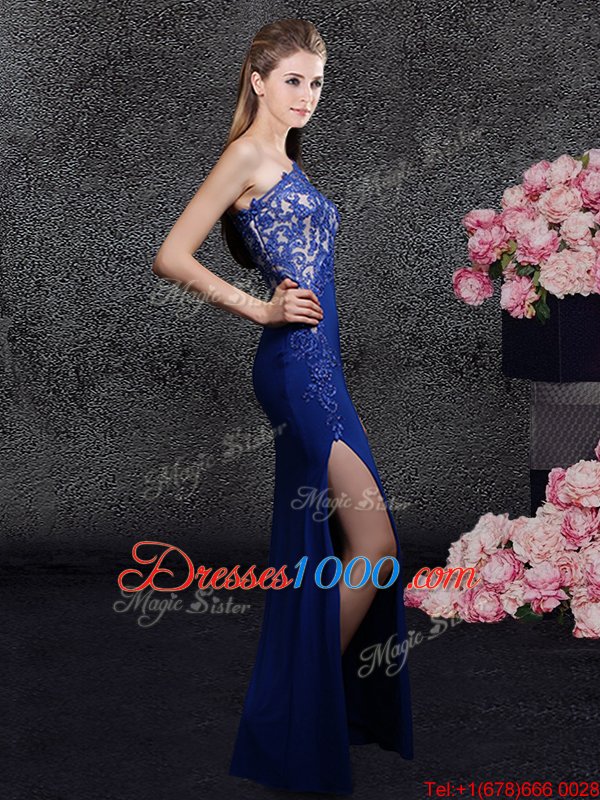 Trendy Royal Blue Column/Sheath Elastic Woven Satin One Shoulder Sleeveless Lace and Appliques Floor Length Side Zipper Hoco Dress