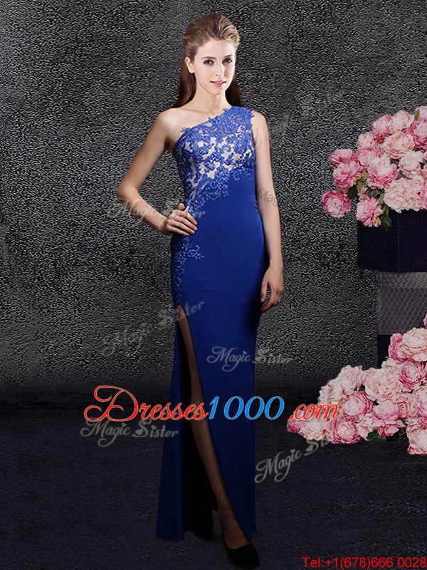 Trendy Royal Blue Column/Sheath Elastic Woven Satin One Shoulder Sleeveless Lace and Appliques Floor Length Side Zipper Hoco Dress