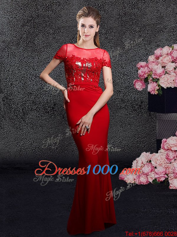 Scoop With Train Red Prom Homecoming Dress Elastic Woven Satin Brush Train Short Sleeves Appliques and Sequins