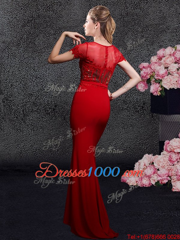 Scoop With Train Red Prom Homecoming Dress Elastic Woven Satin Brush Train Short Sleeves Appliques and Sequins
