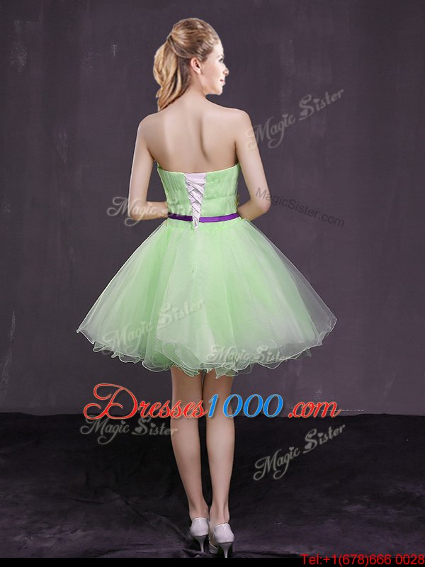 Lace Up Strapless Appliques and Belt Prom Dresses Organza Sleeveless