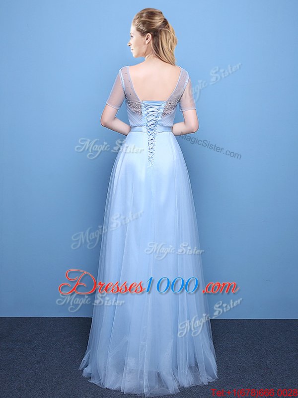 Pretty Light Blue Scoop Lace Up Beading Homecoming Dress Short Sleeves