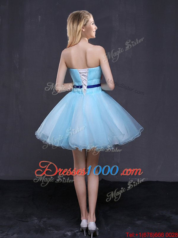 Fabulous Baby Blue Organza Lace Up Homecoming Dress Sleeveless Mini Length Appliques and Belt