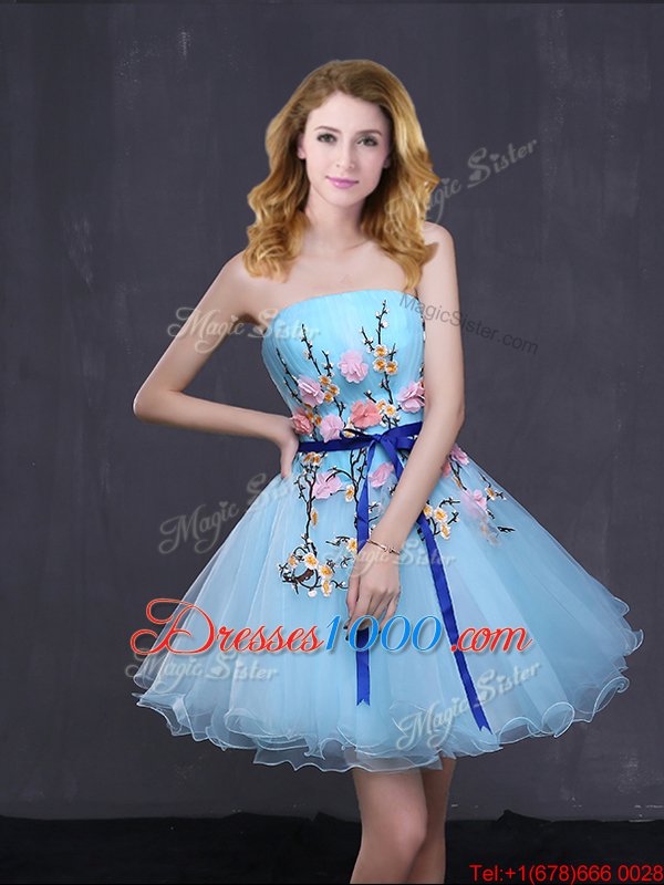 Fabulous Baby Blue Organza Lace Up Homecoming Dress Sleeveless Mini Length Appliques and Belt