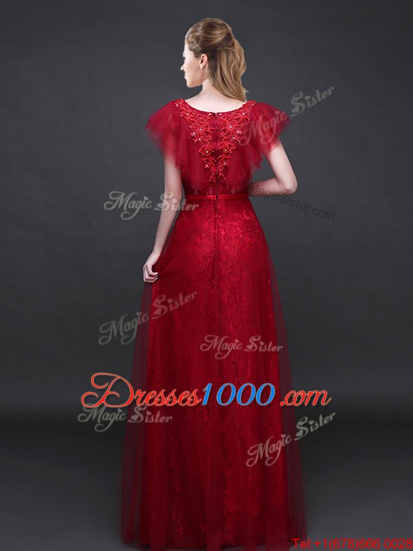 Simple Lace Short Sleeves Zipper Floor Length Appliques and Belt Homecoming Dress