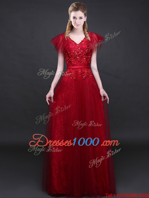 Simple Lace Short Sleeves Zipper Floor Length Appliques and Belt Homecoming Dress
