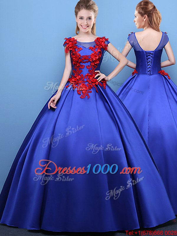 Scoop Cap Sleeves Lace Up Floor Length Appliques Quinceanera Gown