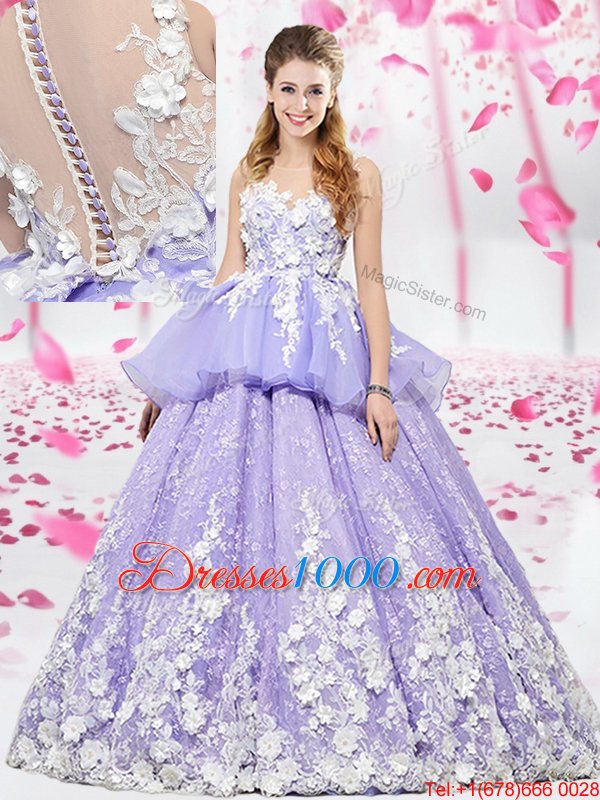 Lavender Ball Gowns Organza and Tulle Scoop Sleeveless Appliques Floor Length Lace Up Sweet 16 Quinceanera Dress