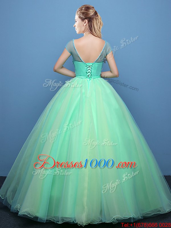 Scoop Appliques Quinceanera Dress Apple Green Lace Up Cap Sleeves Floor Length