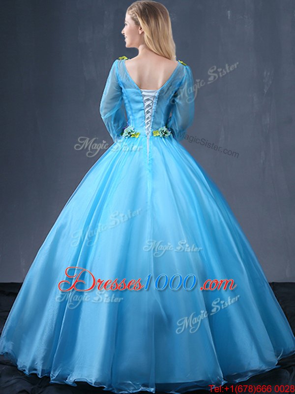 V-neck Long Sleeves Tulle Quinceanera Dress Appliques Lace Up