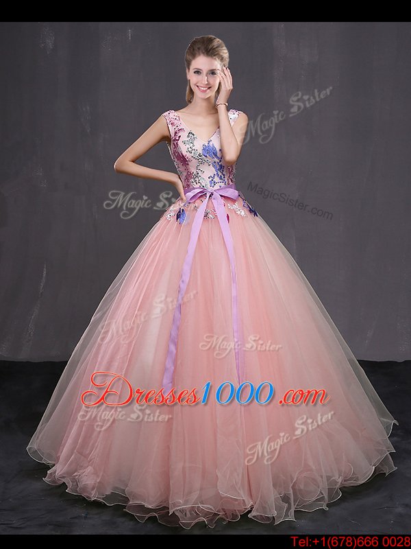 Artistic Baby Pink Tulle Lace Up V-neck Sleeveless Floor Length 15th Birthday Dress Appliques and Belt