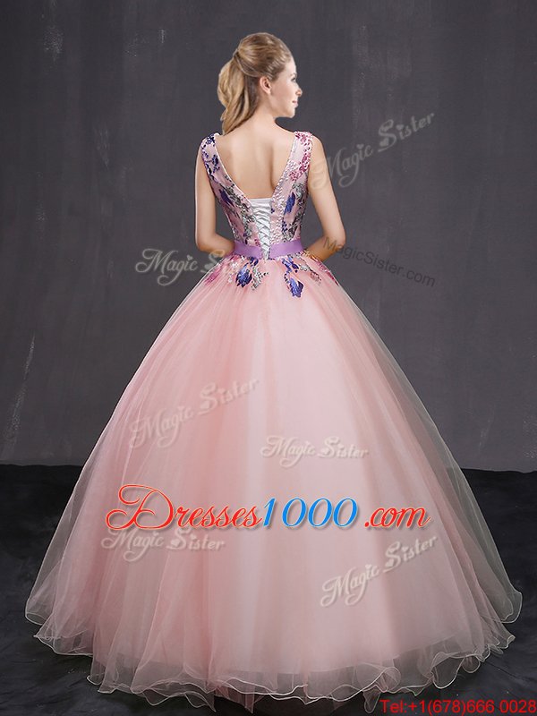 Artistic Baby Pink Tulle Lace Up V-neck Sleeveless Floor Length 15th Birthday Dress Appliques and Belt