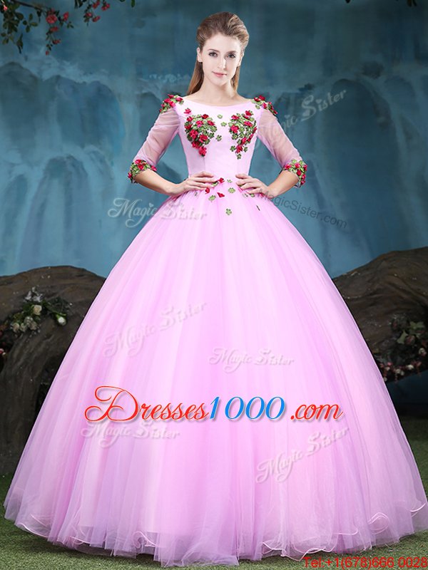 Gorgeous Scoop Appliques Quinceanera Dresses Baby Pink Lace Up Half Sleeves Floor Length