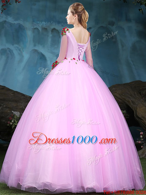 Gorgeous Scoop Appliques Quinceanera Dresses Baby Pink Lace Up Half Sleeves Floor Length