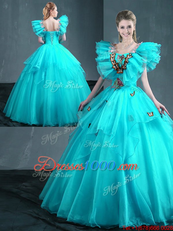 Aqua Blue Lace Up Sweet 16 Quinceanera Dress Embroidery Sleeveless Floor Length